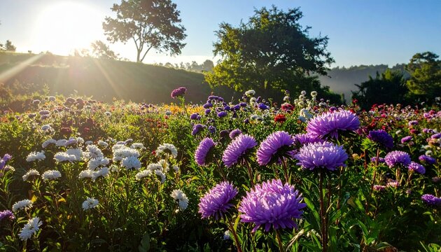 Beautiful flower garden with blooming asters and different flowers in sunlight view