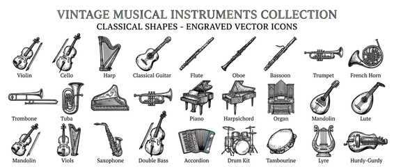 Vintage Musical Instruments Collection Engraved Icons © cintya