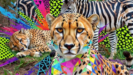 Obraz premium Cheetahs with vibrant geometric patterns, zebras in background, colorful abstract overlays.