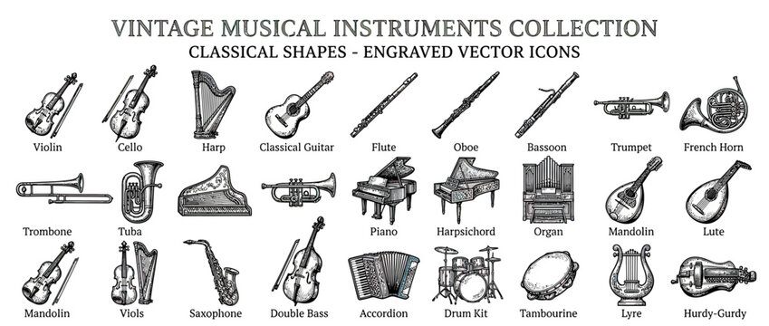 Vintage Musical Instruments Collection Engraved Icons