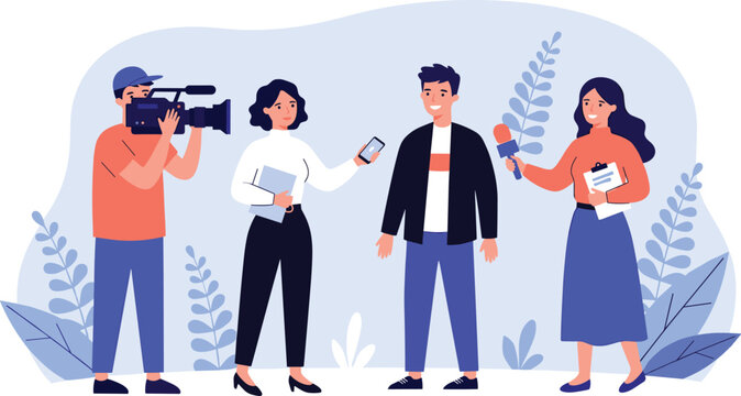 A news crew journalists and cameraman interviewing a young man for media broadcasting flat vector cartoon illustration
