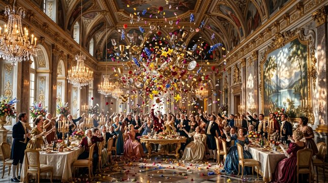 Lavish Baroque Banquet Hall Frozen Mid-Celebration
