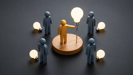 Obraz premium Leadership innovation concept with golden figure holding glowing lightbulb presenting visionary ideas to a team of followers