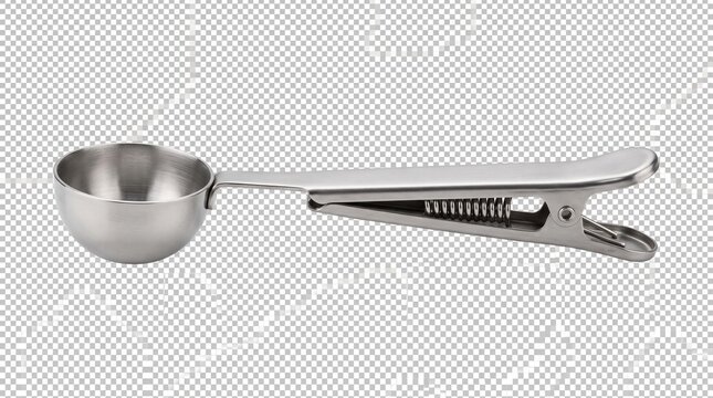 Stainless steel coffee scoop with bag clip, metal measuring spoon for ground beans, dual-purpose kitchen tool for sealing and portioning