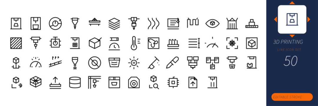 3D Printing icon set. Editable line icons. Vector illustration.