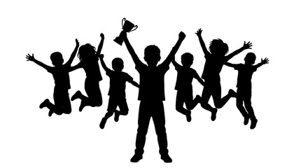 Obraz premium Silhouette of joyful children celebrating victory with a trophy cup, jumping together in success and happiness against a white background