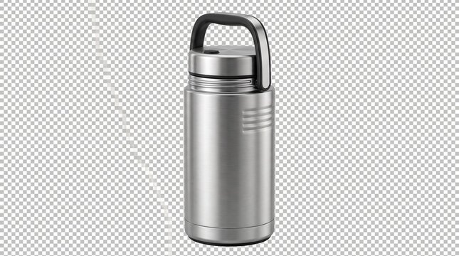 Stainless steel vacuum insulated water bottle with handle, reusable metal thermos flask for camping and hiking, silver travel drinkware on transparent background