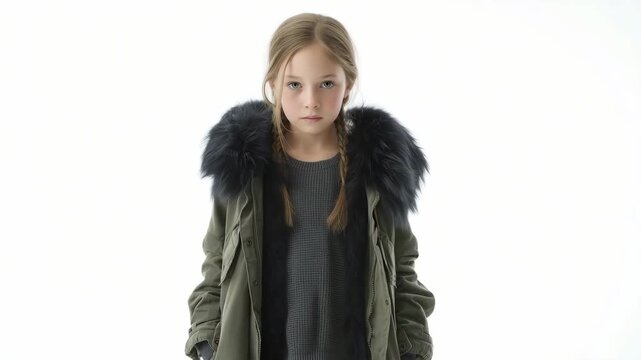 A young girl stands confidently indoors, wearing a fur-lined hooded coat. Her serious expression and direct gaze add to her striking appearance.