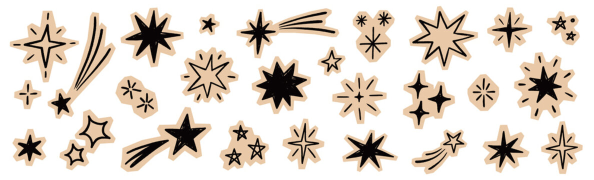Star paper sticker sketch set. Scrapbook collage paper sticker sketch vintage texture journal note cutout. Handmade glitter newspaper magazine grunge cute background. Vector illustration