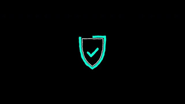 Hand drawn cyan shield icon animation on black background 4k