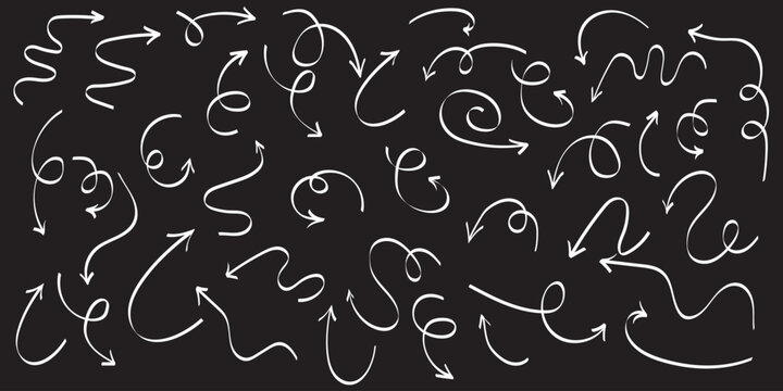 Arrow hand draw brush element set. Hand drawn arrow brush chalk white line stroke on chalkboard background. Scribble doodle curve wave swirl bold kid school note fun.Curved,Circular,Spiral,Wavy,Stylis