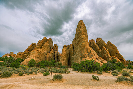 Jagged sandstone fins tower above a juniper-covered desert floor beneath a cloudy sky in Devils Garden, Arches National Park.
