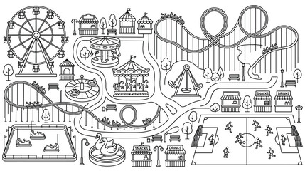 Amusement park layout with rides games and sports field. © SHUVO