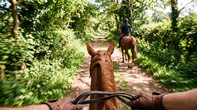 First-person POV of equestrian trail riding along a lush green bridleway path