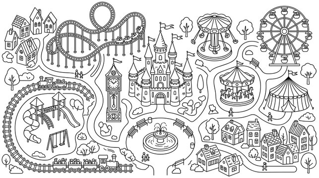 Amusement park map coloring page with roller coaster and kids playground.