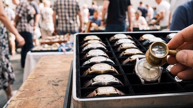 Collector using magnifying loupe to inspect vintage wristwatch at flea market