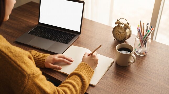 Woman sitting at wooden desk writing notebook with laptop mockup and coffee mug during study