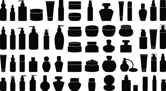 Collection of various cosmetic container silhouettes for beauty products skincare and perfume with cosmetics skincare containers silhouette collection
