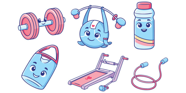 Playful cartoon gym equipment with happy faces including barbell, kettlebell, treadmill, jump rope, water bottle, boxing gloves &ndash; flat vector illustration