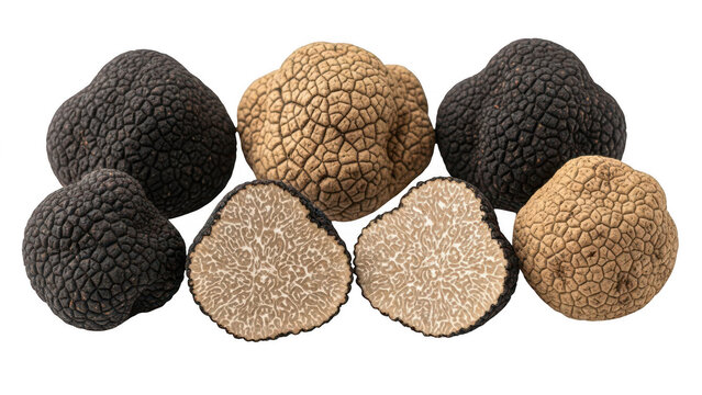 Fresh black and white truffles arranged on white background