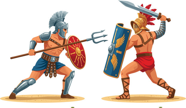 Ancient Roman gladiators fighting with trident spear sword and shield in arena cartoon vector illustration isolated on white background