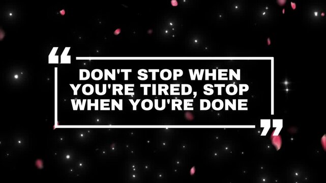 Motivational quote text boxes with falling pink petals and glowing particles on a dark background for cinematic social media content creation