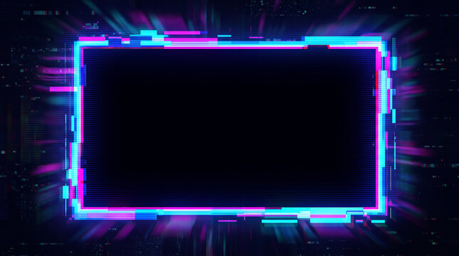 Glowing neon digital frame with glitch effect and abstract light streaks in a dark cyber background