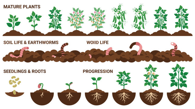 Plant growth stages diagram with soil life and earthworms anatomy.