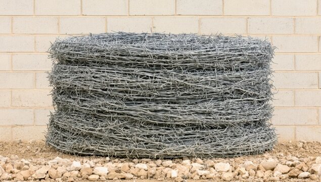 Large cylindrical roll of galvanized barbed wire resting on gravel ground