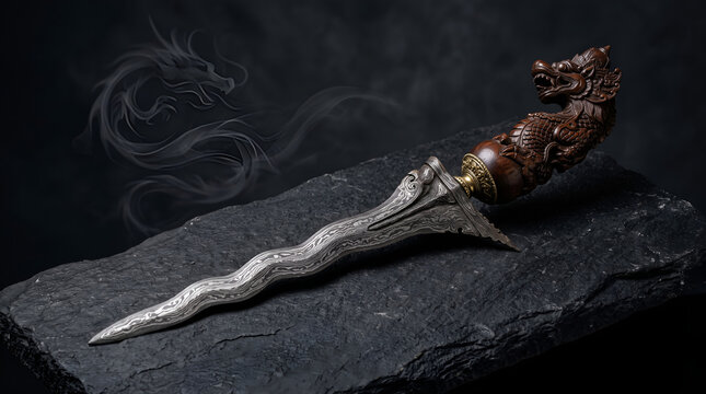 Authentic Indonesian keris with dragon-inspired carving on a dark studio background, suitable for cultural heritage, museums, publishing