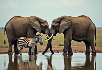 Obraz premium Majestic African Wildlife Scene with Elephant Pair and Zebra at Waterhole