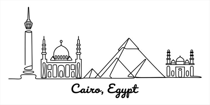 Cairo egypt city skyline with famous pyramids and historic mosque landmarks in a simple continuous black line art drawing style illustration design