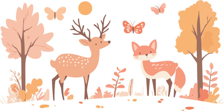 Deer Silhouette in Autumn Forest Nature Scene with Antlers, Wild Mammal Wildlife Illustration Design in Seasonal Woodland Landscape