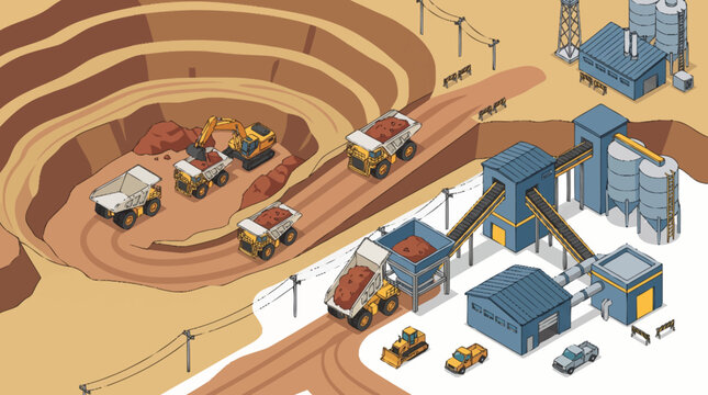 Open pit mining operation with heavy machinery and processing plant.