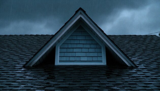 Low angle view of a house roof with a gable end against a dark overcast sky