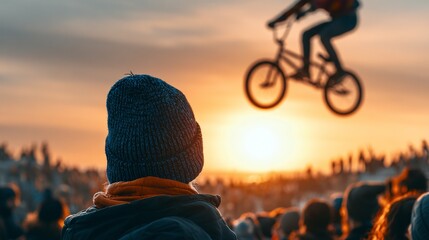 Obraz premium BMX Rider Performing Tricks Against a Stunning Sunset in Front of an Enthusiastic Audience