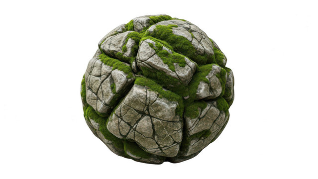 Natural stone sphere covered in green moss with textured, botanical