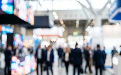 Fototapeta premium A blurred image of a busy exhibition or trade show with various people interacting, colorful displays, and a modern atmosphere. Perfect for depicting business events.