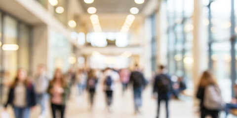 Fototapeta premium A blurred image depicting a busy indoor environment, likely a school or office, filled with people walking and engaging in various activities.