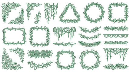 Green vine frames and leaf borders set with tropical floral accents. © SHUVO