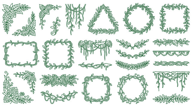 Green vine frames and leaf borders set with tropical floral accents.