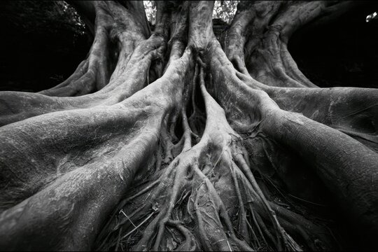 Majestic tree roots spreading outward in black and white