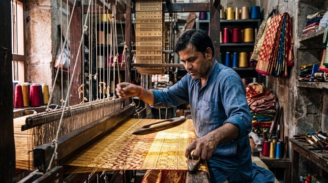 Indian weaver crafting a gold brocade Banarasi silk sari on a traditional loom