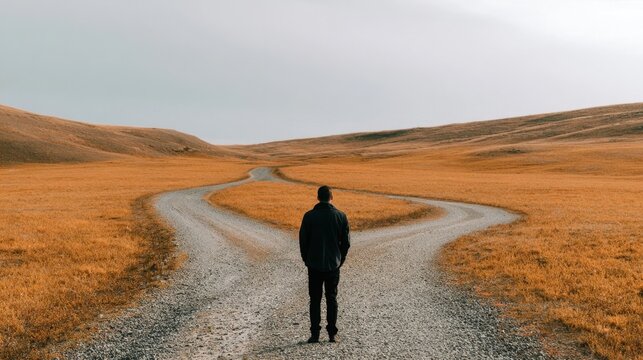 Man in dark jacket standing at fork in rural dirt road amid golden grassy hills under cloudy sky