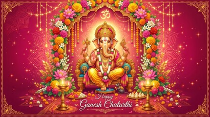 Fototapeta premium Festival of Ganesh Chaturthi with golden shiny Lord Ganesha patterned and crystals on paper color Background