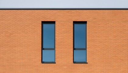 Fototapeta premium Minimalist Orange Brick Building Facade with Two Symmetrical Rectangular Windows Under Natural Daylight Architectural Design
