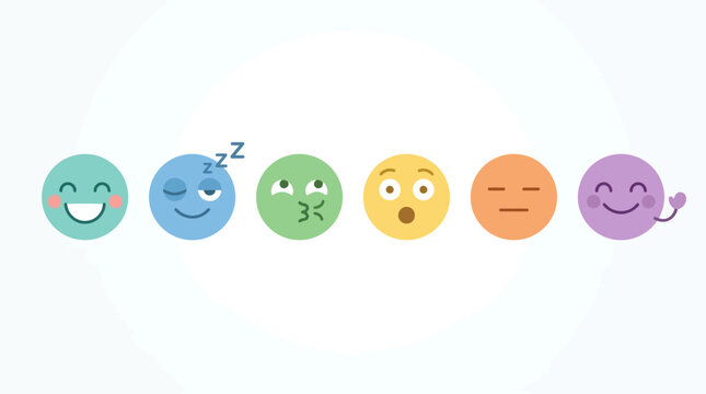 Emoticons representing various human moods and facial expressions are displayed in a colorful horizontal row.