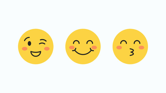 Emoticons featuring three distinct expressions illustrate happiness and affection through simple yellow circular character designs.
