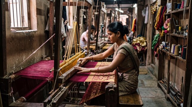 Indian woman weaving traditional Banarasi silk saree on handloom in Varanasi