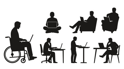 Fototapeta premium Diverse silhouettes working remotely on laptops embracing flexible modern work environments and digital connectivity